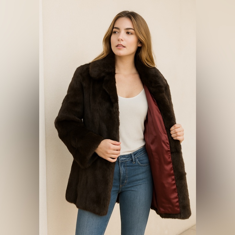 Vintage Carefree Casuals RABBIT Fur Coat-Made in Korea- Satin Acetate Lining